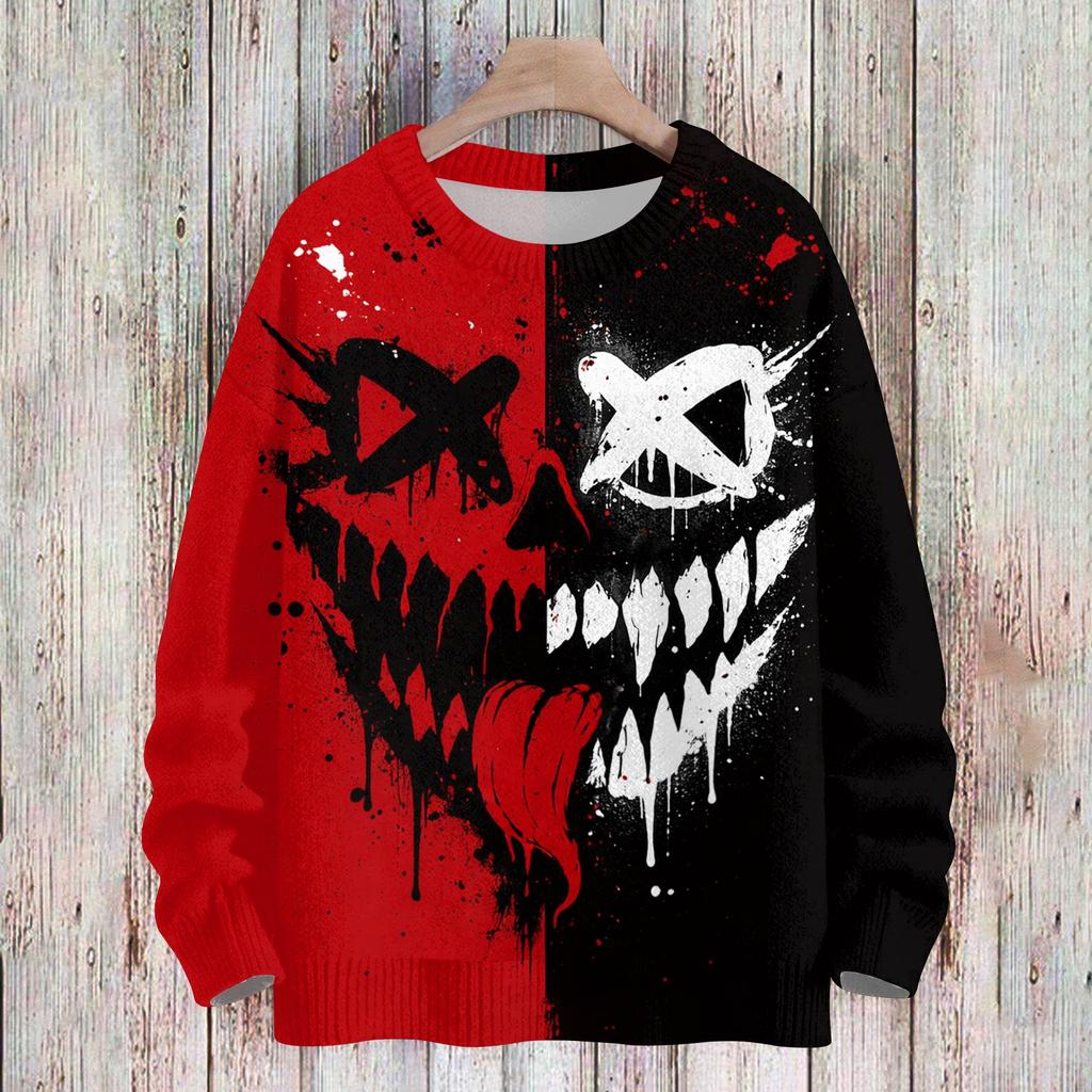 Women's Casual Long Sleeve Halloween Print Round Neck Knit Sweater Top