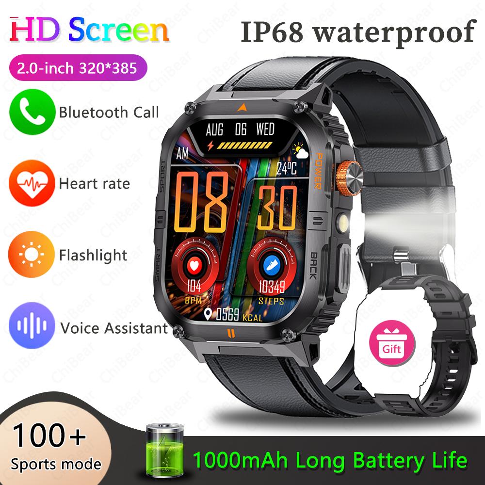 New Smart Watch Men 1000mAh Large Capacity Battery Outdoor Flashlight Bluetooth Call Waterproof Sport Fitness Smartwatch