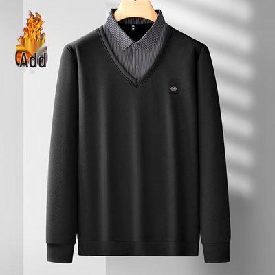 Men's Plus Size Fleece-lined Faux Two-piece Shirt Collar Sweatshirt