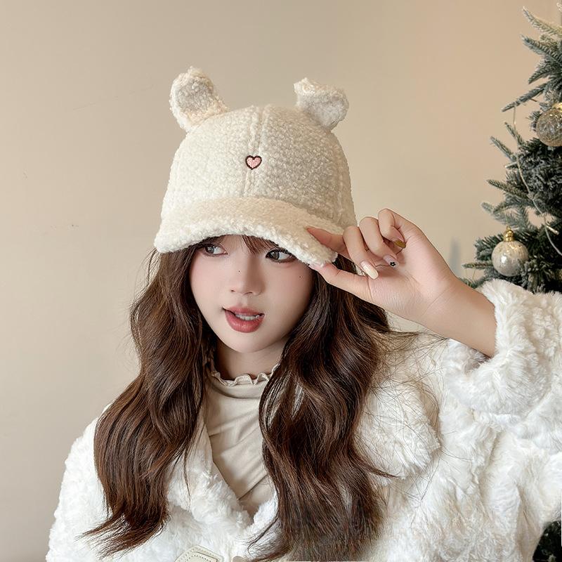 Hat for Women In Autumn and Winter Hairy Thickened Warm Baseball Cap Rabbit Ears Cute Versatile Embroidered Korean Style Baseball Cap