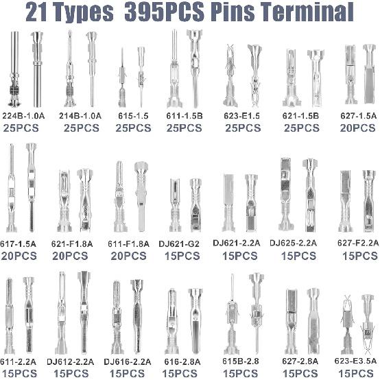 Linkstyle 395PCS Connector Pins Terminal Kit, 21 Types Automotive Car Electrical Wire Terminal, 1/1.5/1.8/2.2/2.8/3.5mm Non-Insulated Plug Removal