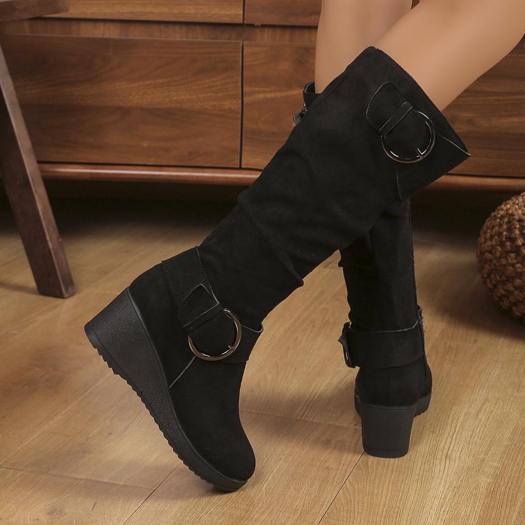 Fashion High Heels Women Long Boots Winter Suede Buckle Wedges Shoes 2025 New Snow Elegant Knee Boots Designer Fashion Zapatillas Mujer