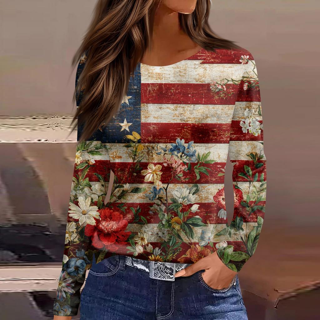 Women’s Long Sleeve Crewneck Top with American Flag and Floral Print Casual Loose Fit Pullover for Daily Wear