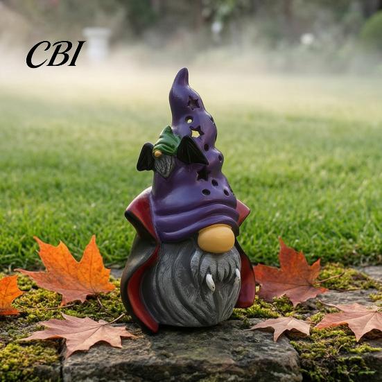 Lighted Halloween Ornaments Vampire Gnome Figurine, Resin Faceless Dwarf Statue with Purple Star Party Supplies Hat And Cape, Spooky Cute Ornament for