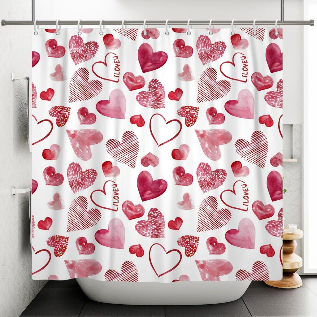 Valentines Day Shower Curtain Romantic Love Drawing Art Red Heart Shower Curtains Mother's Day Shower Curtain for Shower Decor Sets for Bathroom
