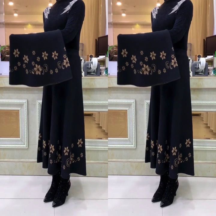 Slim-Fit A-Line Women's Autumn Winter Thickened Knitted Midi Skirt High Waist Embroidered Wool Long Winter Skirt