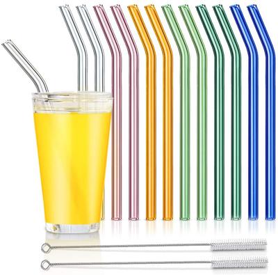 12 Pcs Glass Drinking Straws Reusable Straight Curved Glass Straws with Cleaning Brush Eco-friendly Straws for Cocktail Milk