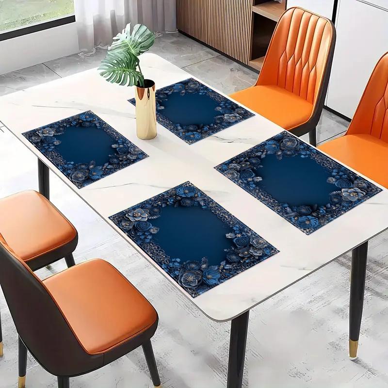2/4pcs Blue Floral Placemat, 12X18 Inch Polyester Rectangular Table Mat, Machine Washable Woven Dining Decoration for Home Kitchen, Restaurant,