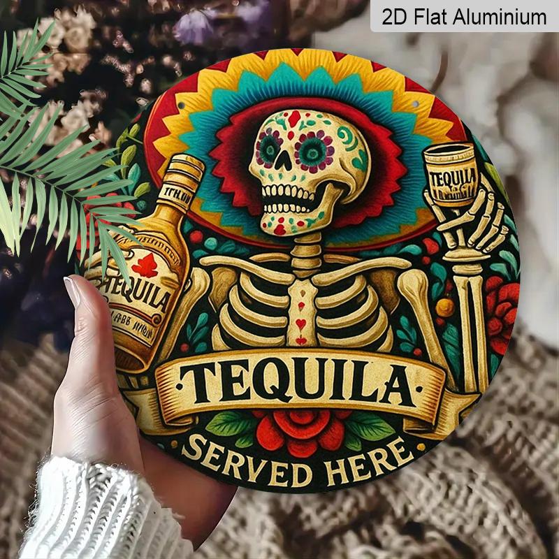 2D Flat 1pc, 8x8 In, Aluminum Metal Decorative Signs & Plaques Printed Design, 1pc, Featuring A Skeleton Drinking, Perfect for Decorating for Home