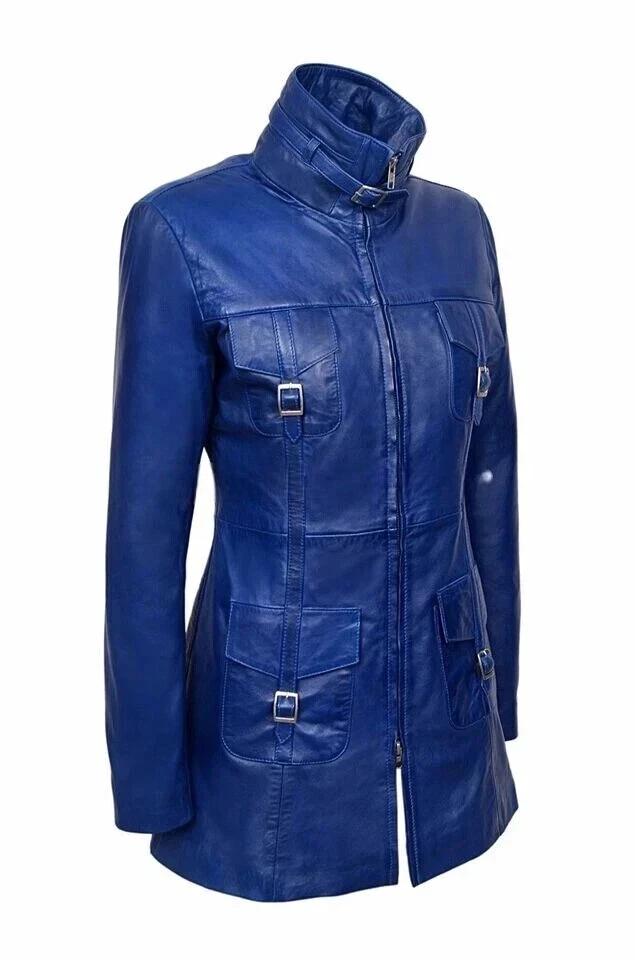 Lambskin Genuine Stylish Casual Fit Soft  Women Trench Coat Blue Handmade Leather Lambskin Genuine Stylish Casual Fit