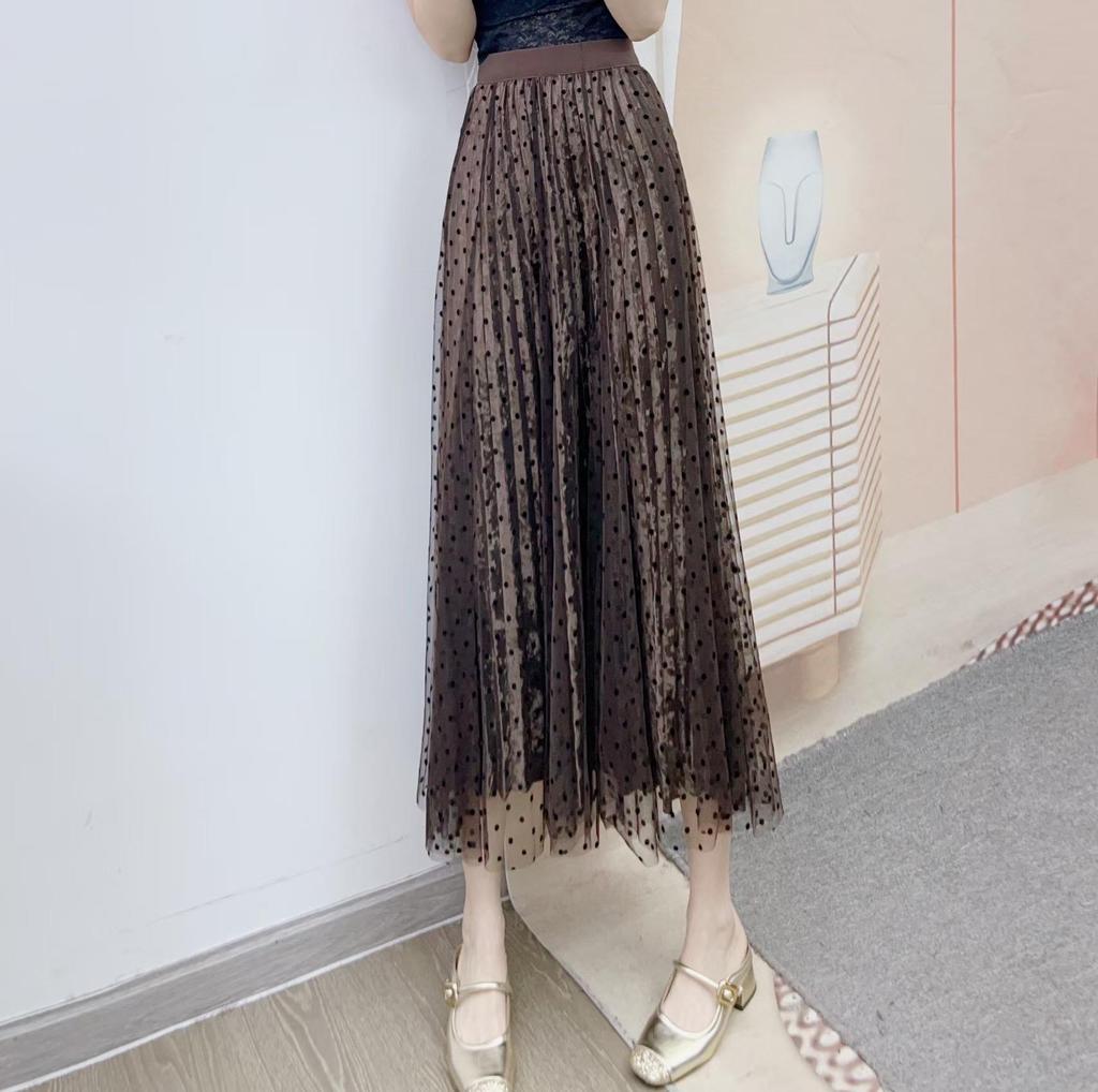 Spring 2026 Velvet Polka Dot Mesh High-Waisted Midi Skirt