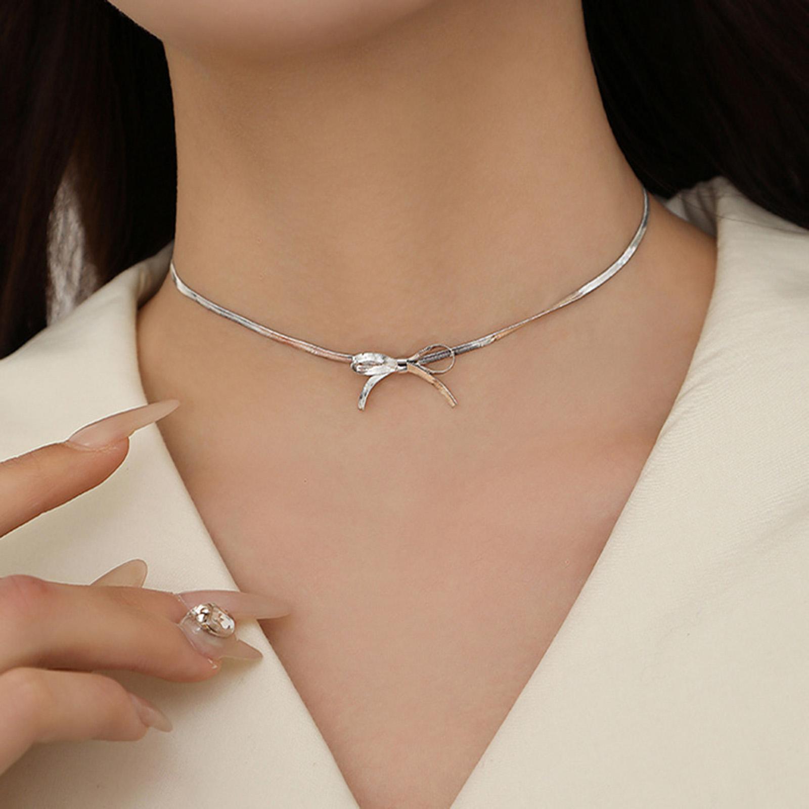 

1 Piece Classic 304 Stainless Steel Bow-knot Choker Necklace For Women Jewelry Snake Chain Party Gift Party 33cm long