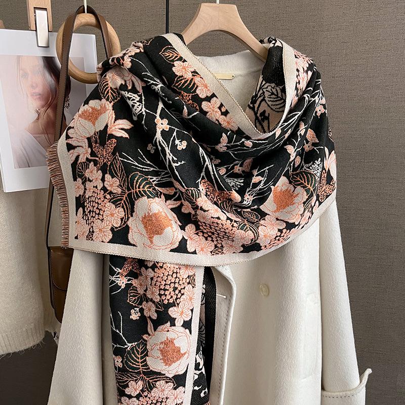 Women S Floral Pattern Faux Cashmere Scarf Winter Warm Fashionable Shawl