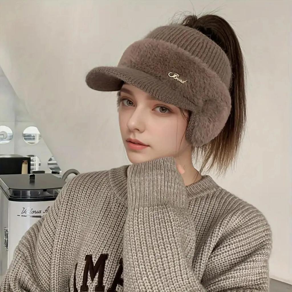 Ponytail Knitted Baseball Cap Warm Open-top Hat Women Autumn and Winter Thickened Cycling Cold-proof Ear-protecting Baseball Cap
