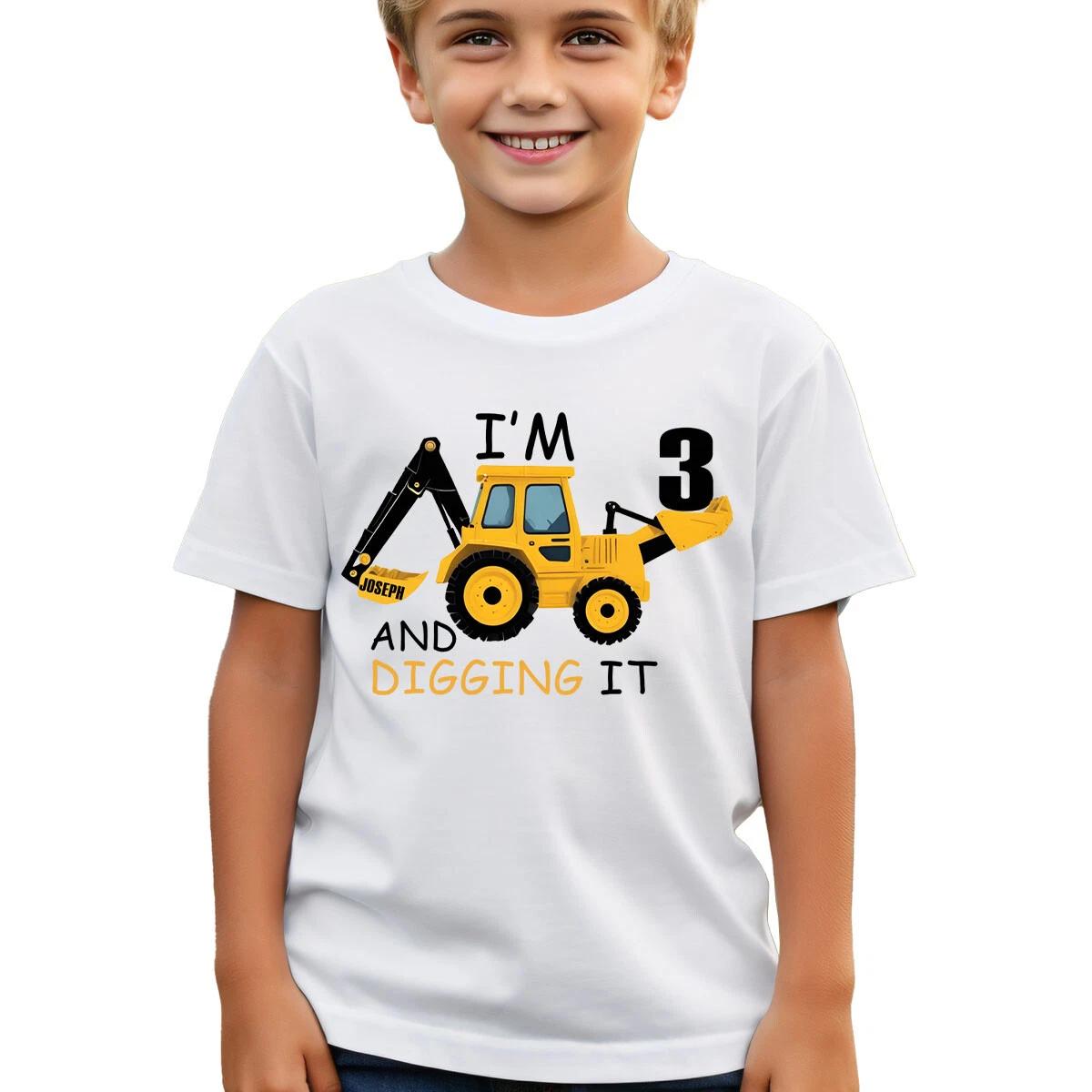 

Customisable 3Rd Birthday Digger T-Shirt For Boys With Name & Age Fun #TA-195 L