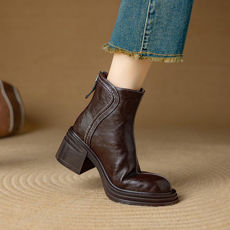 Fashion 2024 New Winter Women Boots Round Toe Chunky Heel Split Leather Shoes for Women Zip Ankle Boots Warm Snow Boots Platform Shoes