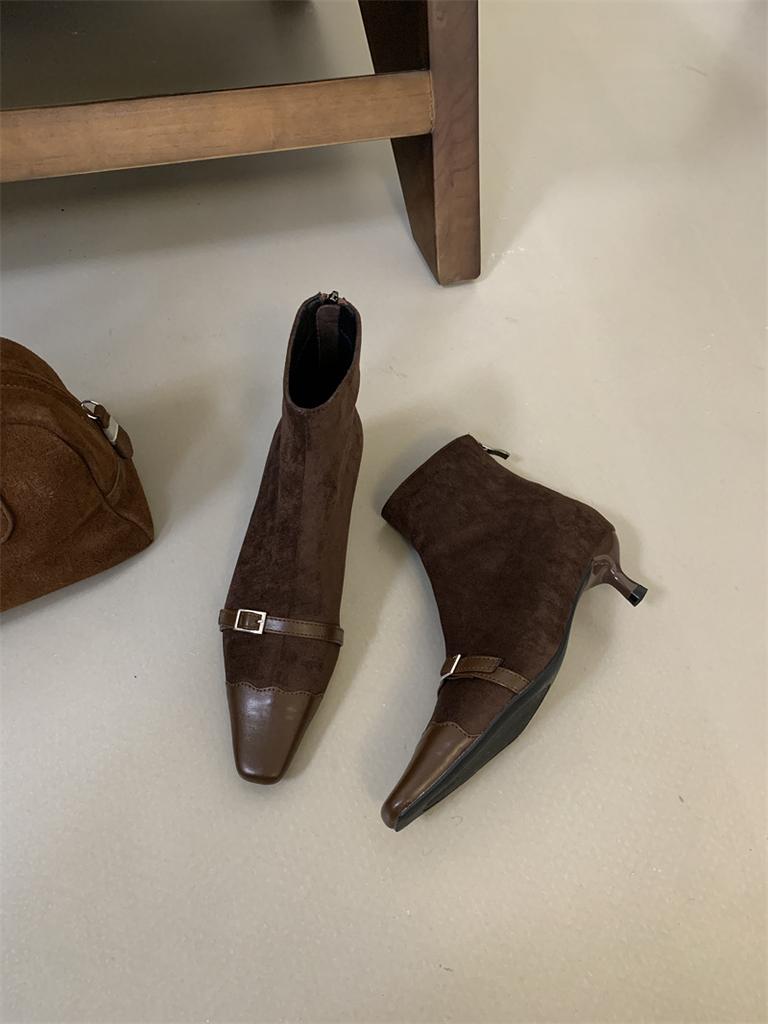 2025 New Autumn and Winter Korean Maillard Wears High-heeled Short Boots, Suede Rear Zipper Retro Square Head Short Boots for Women
