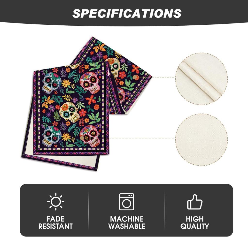 Mexican Day of The Dead Sugar Skull Linen Table Runner Tabletop Decor Dia De Los Muertos Kitchen Dining Table Runner Party Decor