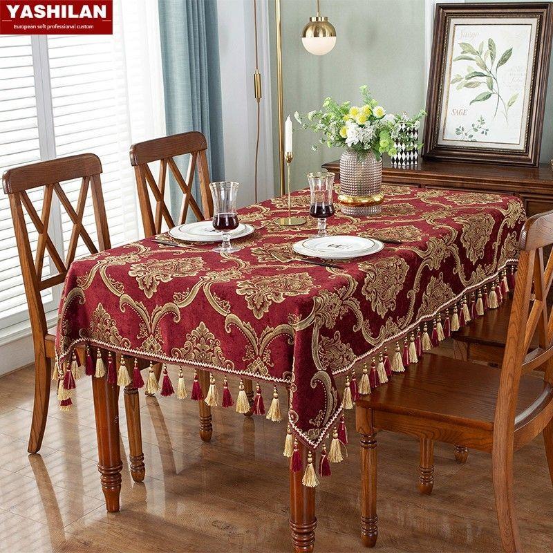 

European Style Tablecloth Fabric Cotton Linen Coffee Table Cloth High-End Luxury American Rectangular Table Cloth round Tablecloth Hotel Rice Red Gold(Gold Dio-Red Gold) Square 100*100cm