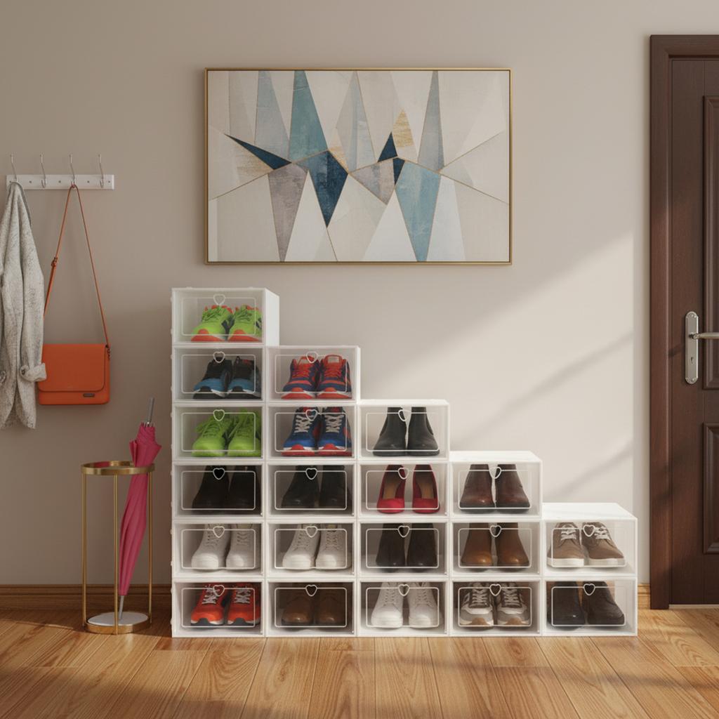 Bymaocar 20 Stück Faltbare Rechteckige Schuhbox Organizer, Stapelbare Klare Kunststoff-Schuhaufbewahrungsbox Organisation Freies Stapeln