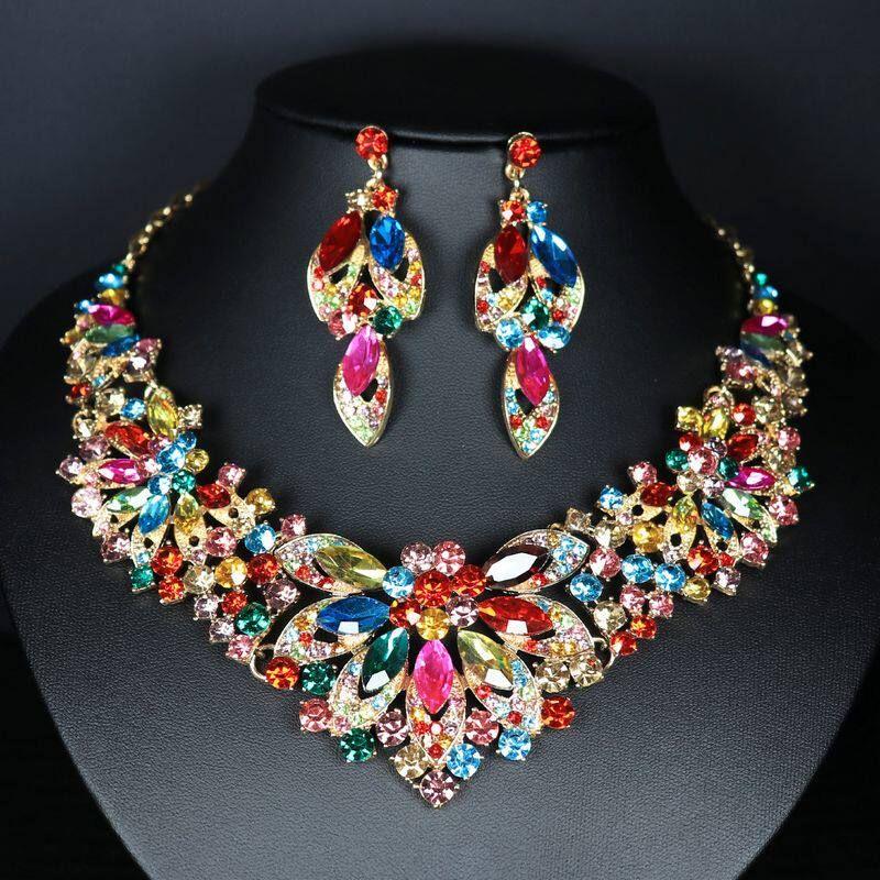 

European and American Luxury Fashion Exaggerated Rhinestone Crystal Collarbone Necklace and Earrings Set Banquet Bride Evening Dress Accessories Color