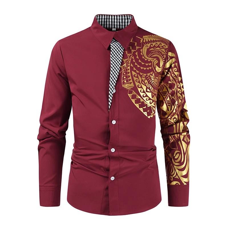 Camicie da uomo, camicie eleganti da uomo, casual, streetwear, camicie stampate con stampa in oro nero, design con colletto rovesciato, top maschili