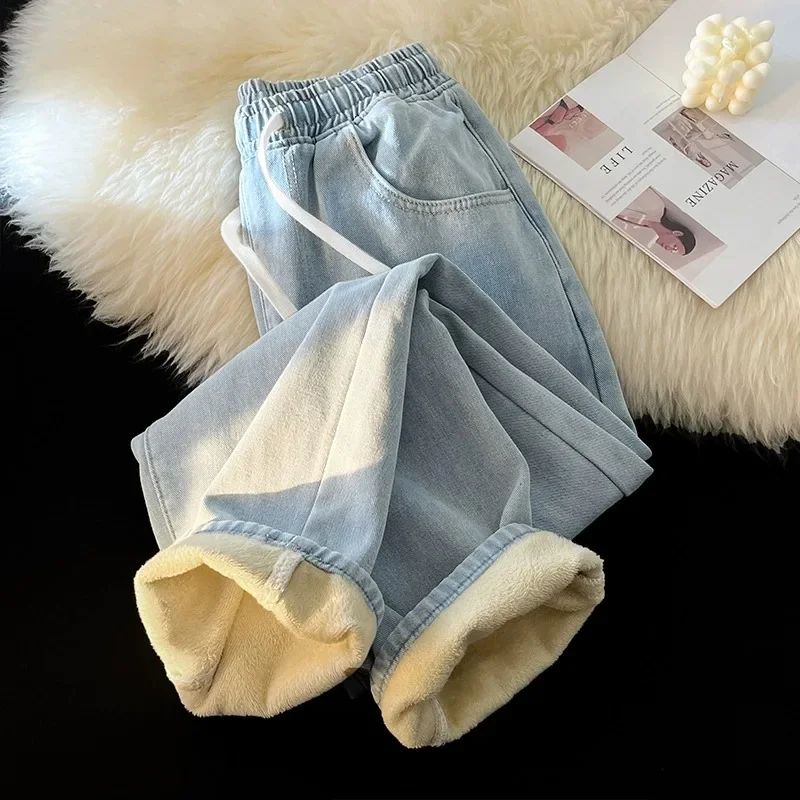 Kış Kalınlaştırılmış Kot Pantolon Geniş Paça Kot Pantolon Erkek Düz Elastik Bel Kadife Yüksek Sokak Vintage Genç Günlük Kot Pantolon