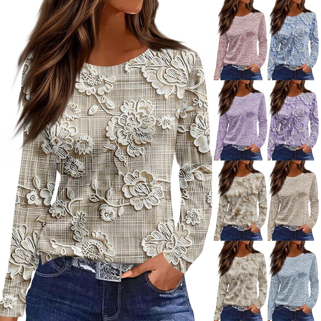 Women's Fashion Casual LongSleeve Print Round Neck Pullover Top Blouse