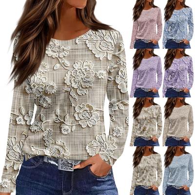 Women's Fashion Casual LongSleeve Print Round Neck Pullover Top Blouse