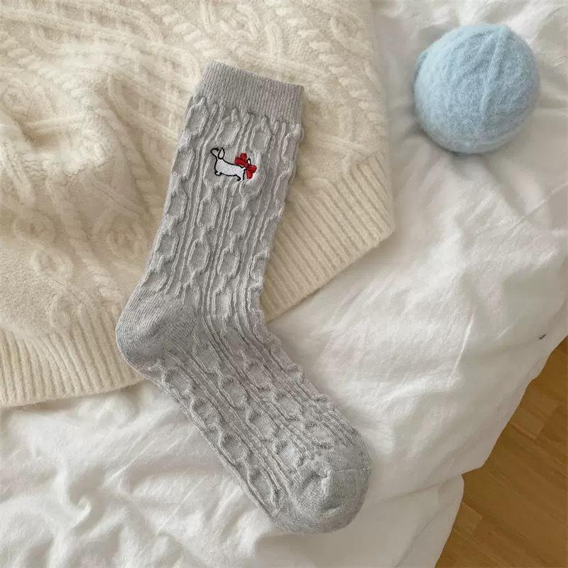 Socks Girls Thickened Plush Stripe Embroidery Cartoon Puppy Mid-Leg Socks Trendy Cute Pile Of Socks