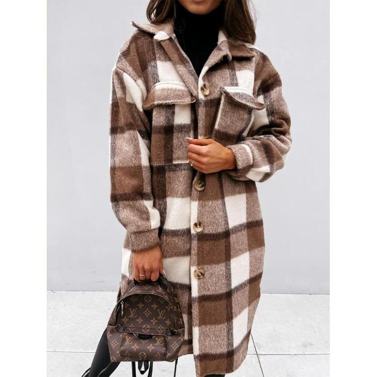 Damen Langer Wollmantel Karomuster Mode Langarm Knopf Revers Büro Damen Mittellanger Mantel