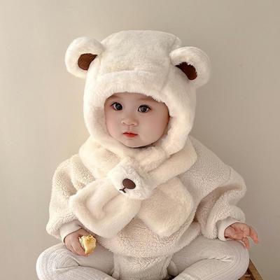 Toddler & Infant Winter Hat Kawaii Bear Ear Beanie Hat Scarf 2 In 1, Cute Bear Winter Warm Plush Thicken Fluffy Windproof Hat