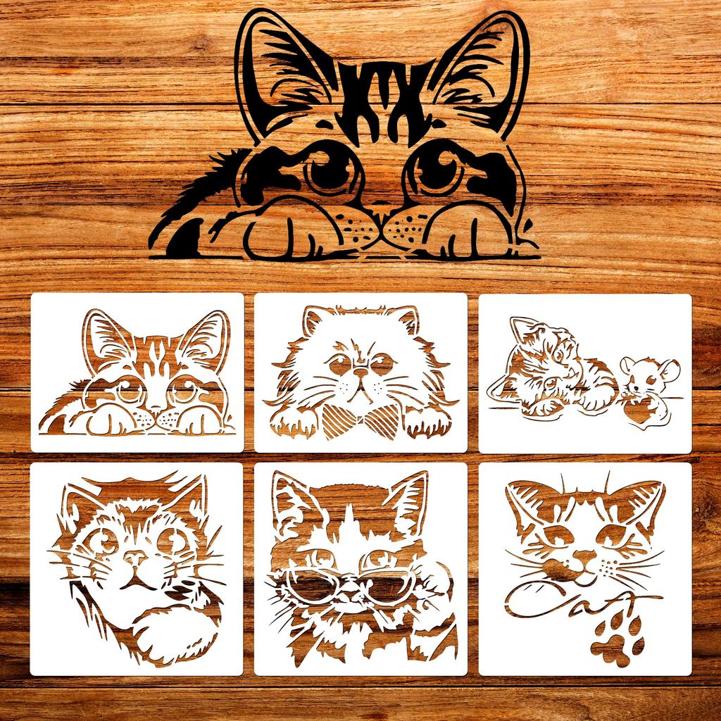 6Pcs/set Cat Theme Drawing Stencils, DIY Crafting Templates, Reusable Plastic Painting Stencils for Wood Signs, Furniture, Wall Canvas, Fabric Decor
