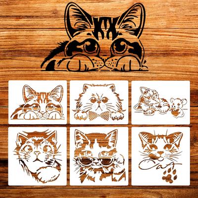 Set da 6 Pezzi Stencil da Disegno a Tema Gatto, Modelli per Artigianato Fai-da-te, Stencil in Plastica Riutilizzabili per Pittura su Segni in Legno, Mobili, Tela Murale, Decorazioni in Tessuto