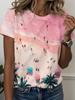 Women's Bright Beach Scene T-shirt Pink Beach Print Short-sleeved T-shirt