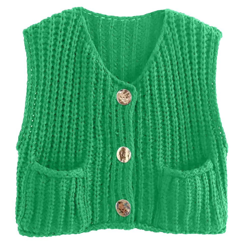 11 Colors 2025 Autumn Cross-border New Vest, Thick Stick Needle Three-button Pocket V-neck Knitted Sleeveless Cardigan Vest