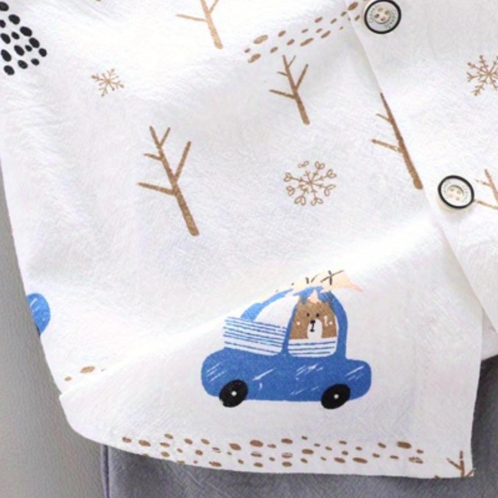 Infant and Toddler Summer Full Print Bear Driving Pattern Short Sleeved Shorts Set for Outdoor Standing Collar Shirt Fashion Two