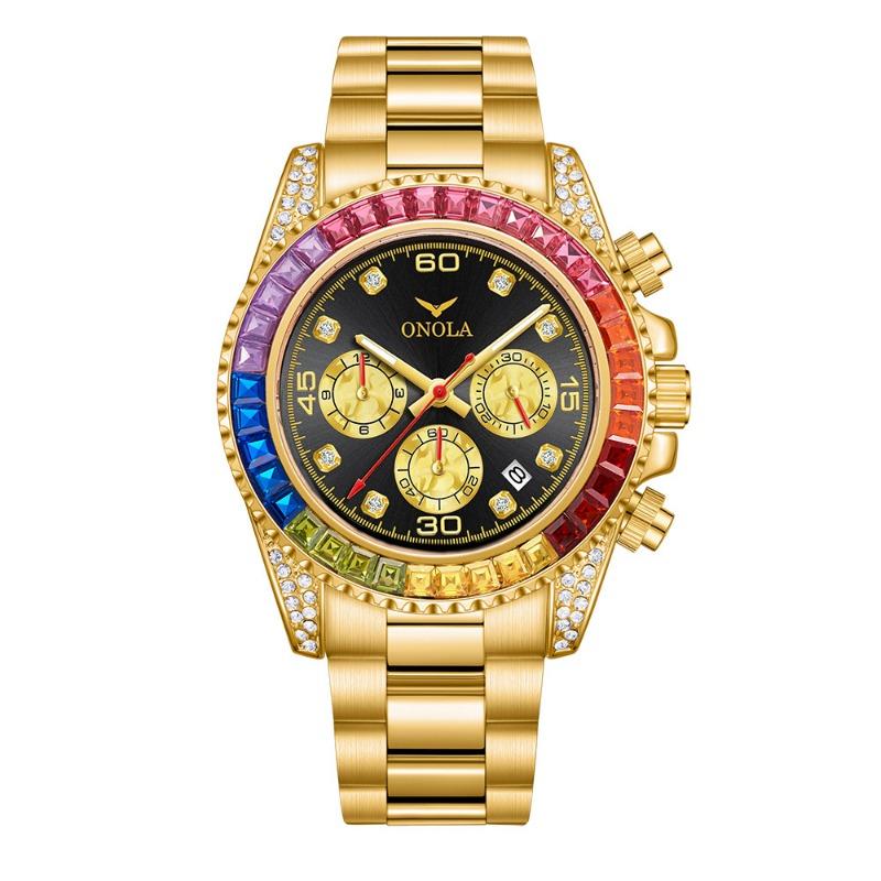 Fashion New Top Brand Business Gold Watch Waterproof Solid Core Fine Steel Band Rainbow Drill Men's Watch