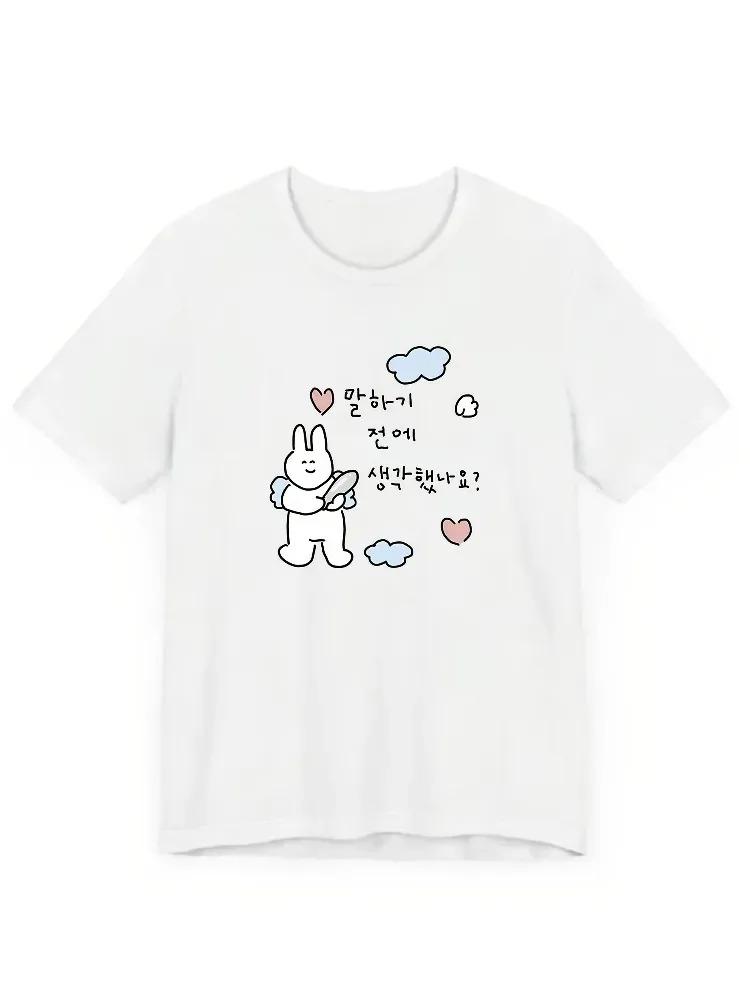 T-shirt da Donna con Fantasia Y2K e Coniglietto Carino Design con Testo Coreano Stampa Moda Casual Quotidiana Top Trendy Stile All-Match