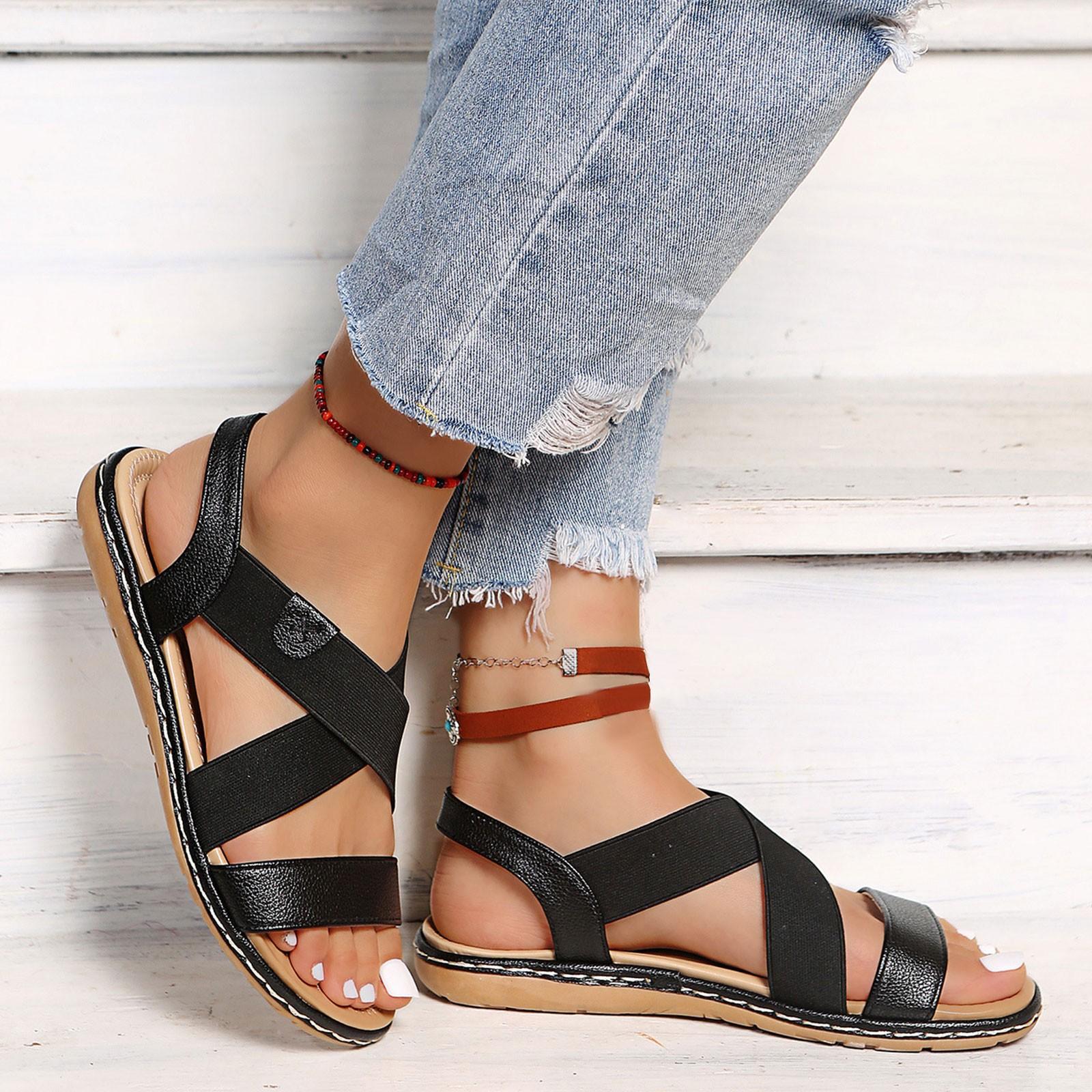 Женская однотонная повседневная пляжная обувь с эластичной лентой на плоской подошве, сандалии, женская обувь 40 чёрный