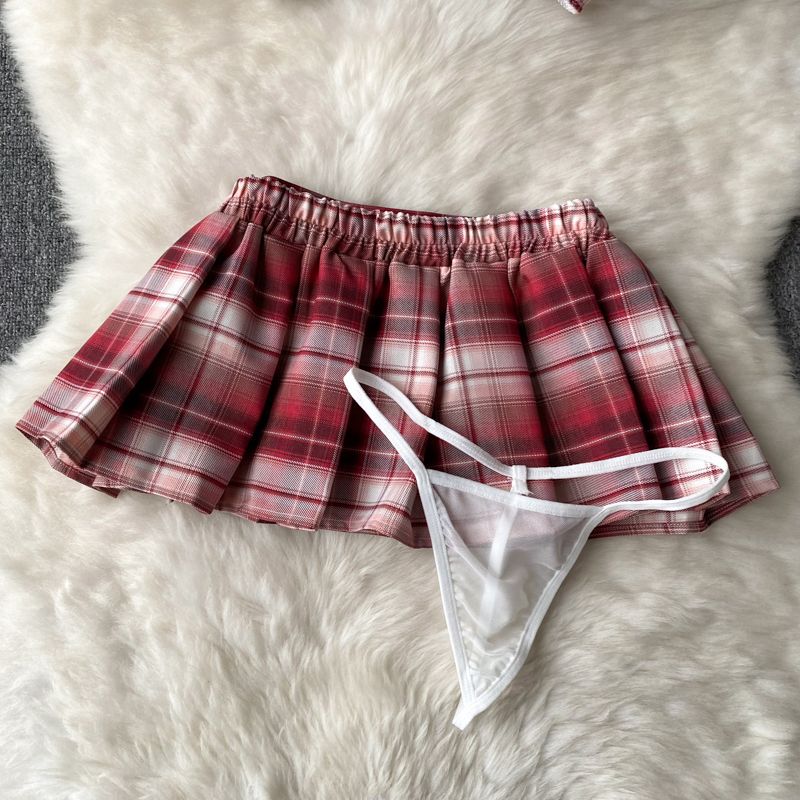 Cute Hollow Bra Plaid Miniskirt Roleplay Student Uniform Temptation Women Cosplay Schoolgirl Costumes Couples Sexy Home Clothing