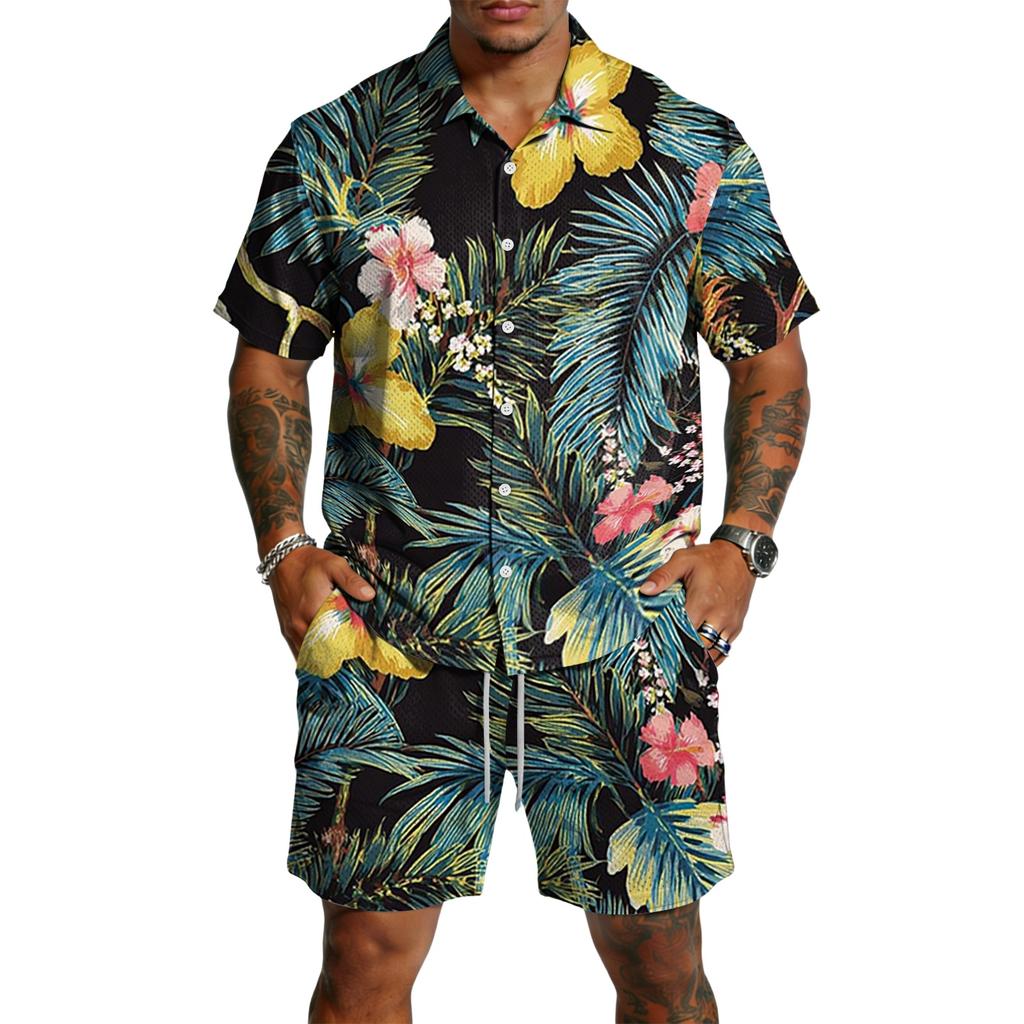 Men's Casual Printed Lightweight Breathable Shirt and Drawstring Shorts Set