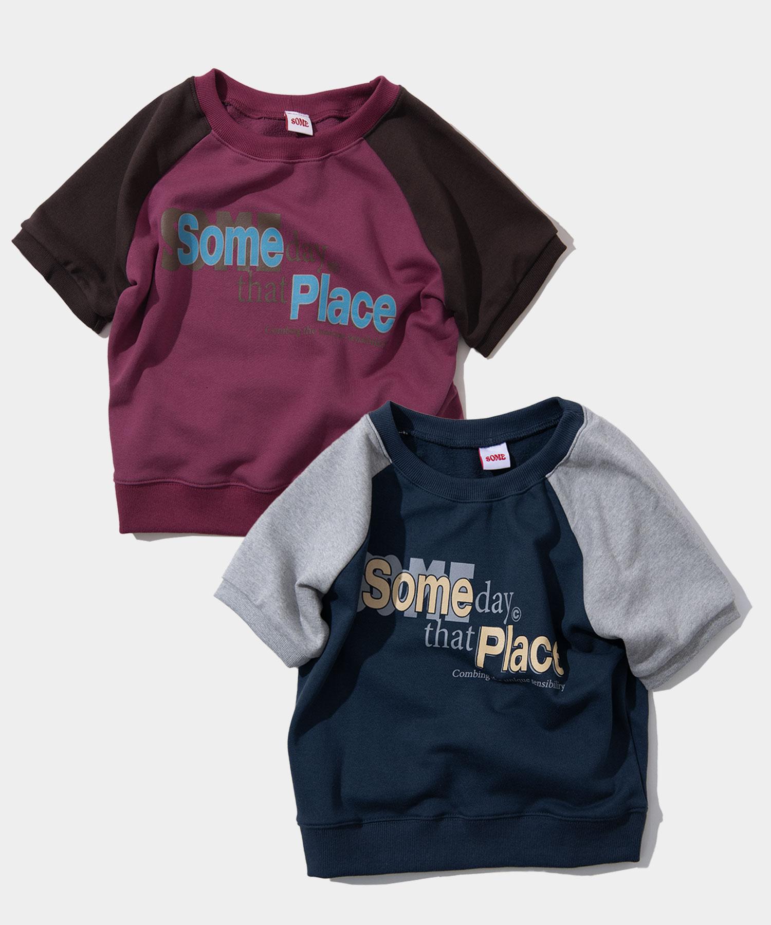 Some Place Raglan Color Block Graphic Short Sleeve Crop Sweatshirt _ 3 Colors Navy/Free