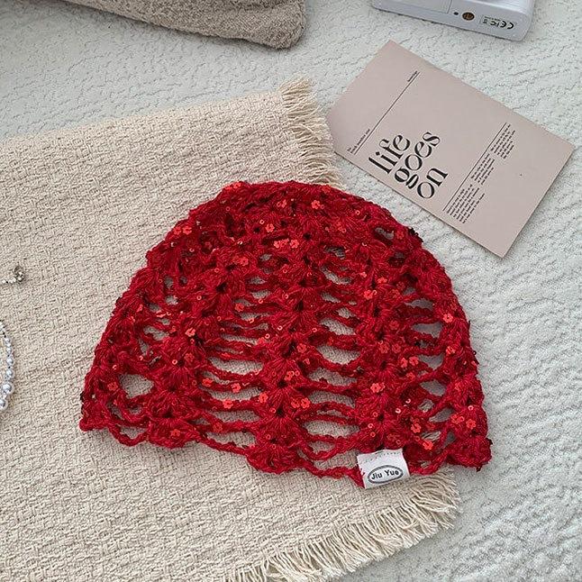 Erwachsenen-Badehaube Hohlbeutel Kopfhut Einfarbige Gestrickte Netzmütze Modische Pailletten Konkave Fischernetz-Kopfschalenhut