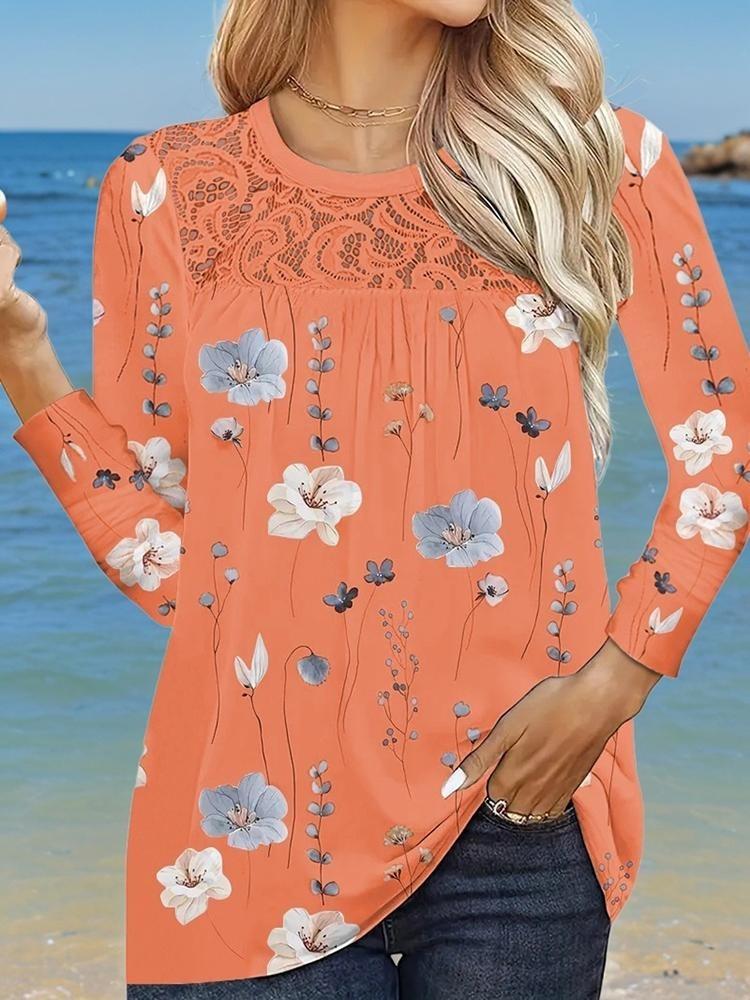 Fashion Autumn Plus Size Women Lace Floral Print Long Sleeve Round Neck Casual Pullover T Shirt Top