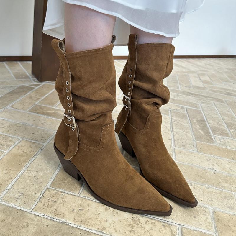 2026 New Autumn Pointed Toe Women Western Cowboy Boots Fashion Banquet Party Square Heels Knight Booties Shoes