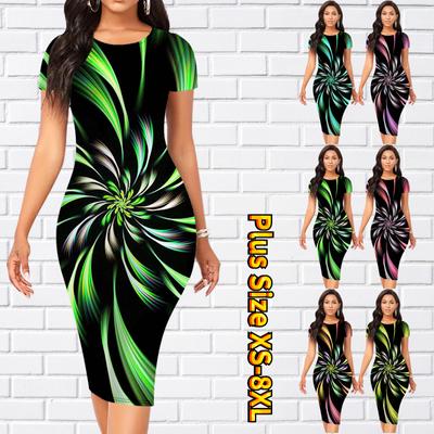 Vestido ajustado de manga corta hasta la rodilla Vestido midi con estampado de luz brillante en 3D para mujer a la moda