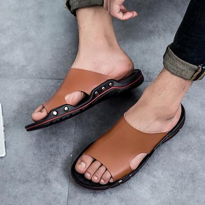 Pantoufles d'été en cuir véritable pour hommes, pantoufles de plage à la mode, sandales de plage, tongs de marche décontractées pour l'extérieur