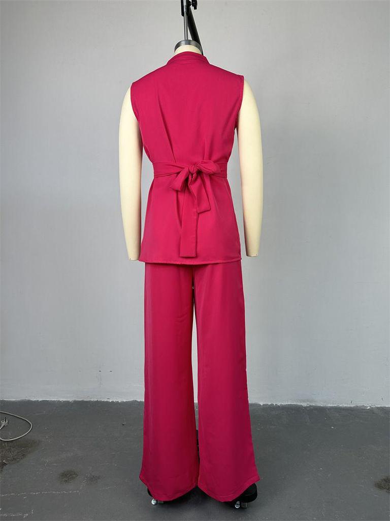 2025 Summer Women's Wear: Stand-up Collar Buttoned Sleeveless Top & Wide-leg Pants Set