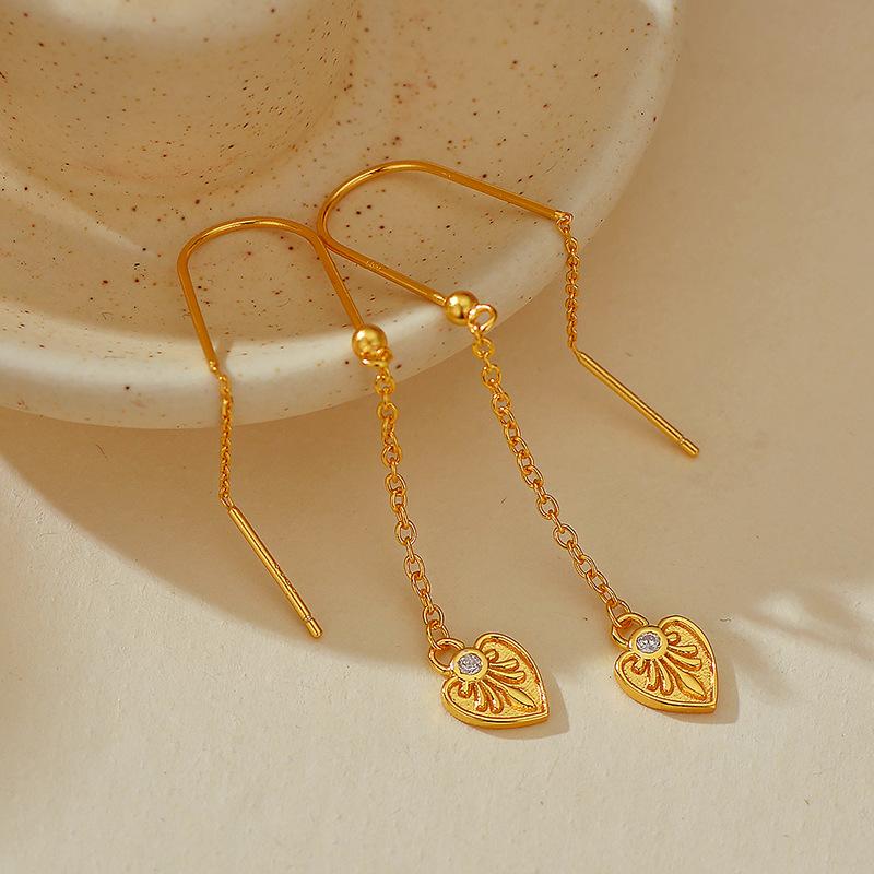 Fashion Jewelry 925 Sterling Silver Long Earring Heart Shape with Zircon Long Tassel Chain Gold Plated Ear Wire Earrings Women